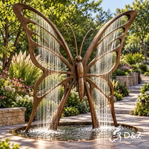 Butterfly outdoor water fountain in a garden setting with bronze wings and falling water curtains.