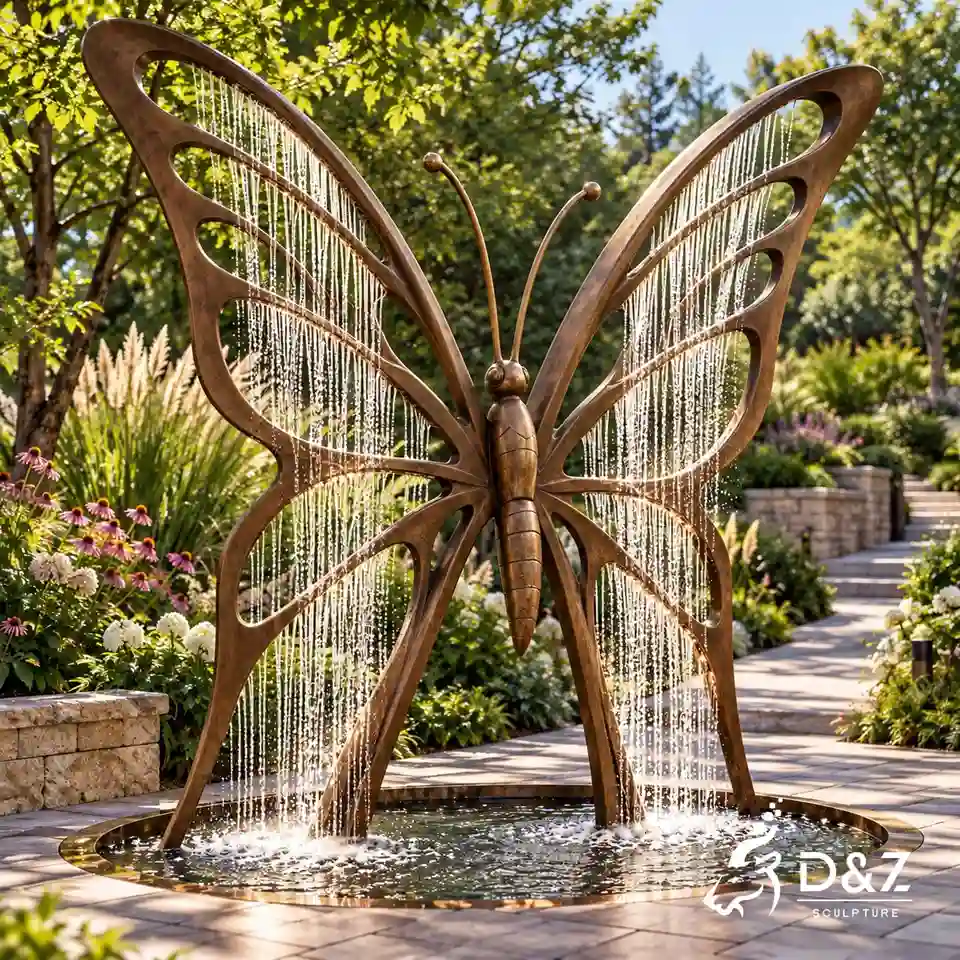 Butterfly outdoor water fountain in a garden setting with bronze wings and falling water curtains. Butterfly outdoor water fountain in a garden setting with bronze wings and falling water curtains.
