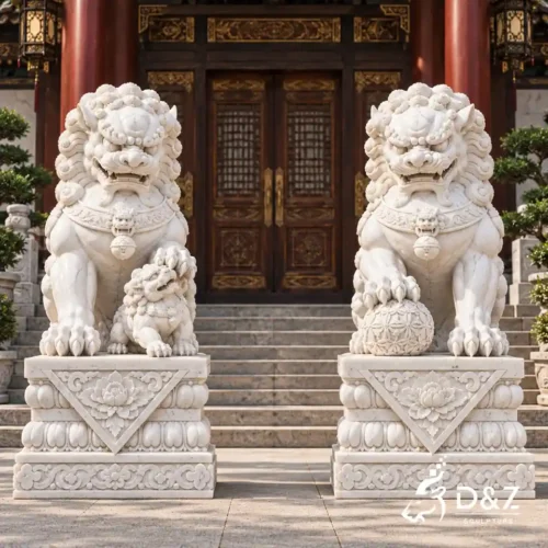 A pair of white marble Chinese guardian lion statues outside a traditional temple, with a cub beneath the female lion and a carved ball beneath the male.