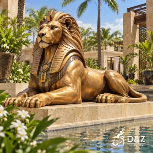 Egyptian lion sculpture beside a resort water feature with a reclining bronze body and pharaoh-inspired headpiece