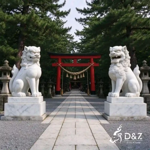 Japanese komainu statue pair in white marble displayed along a shrine pathway with a red torii gate in the background