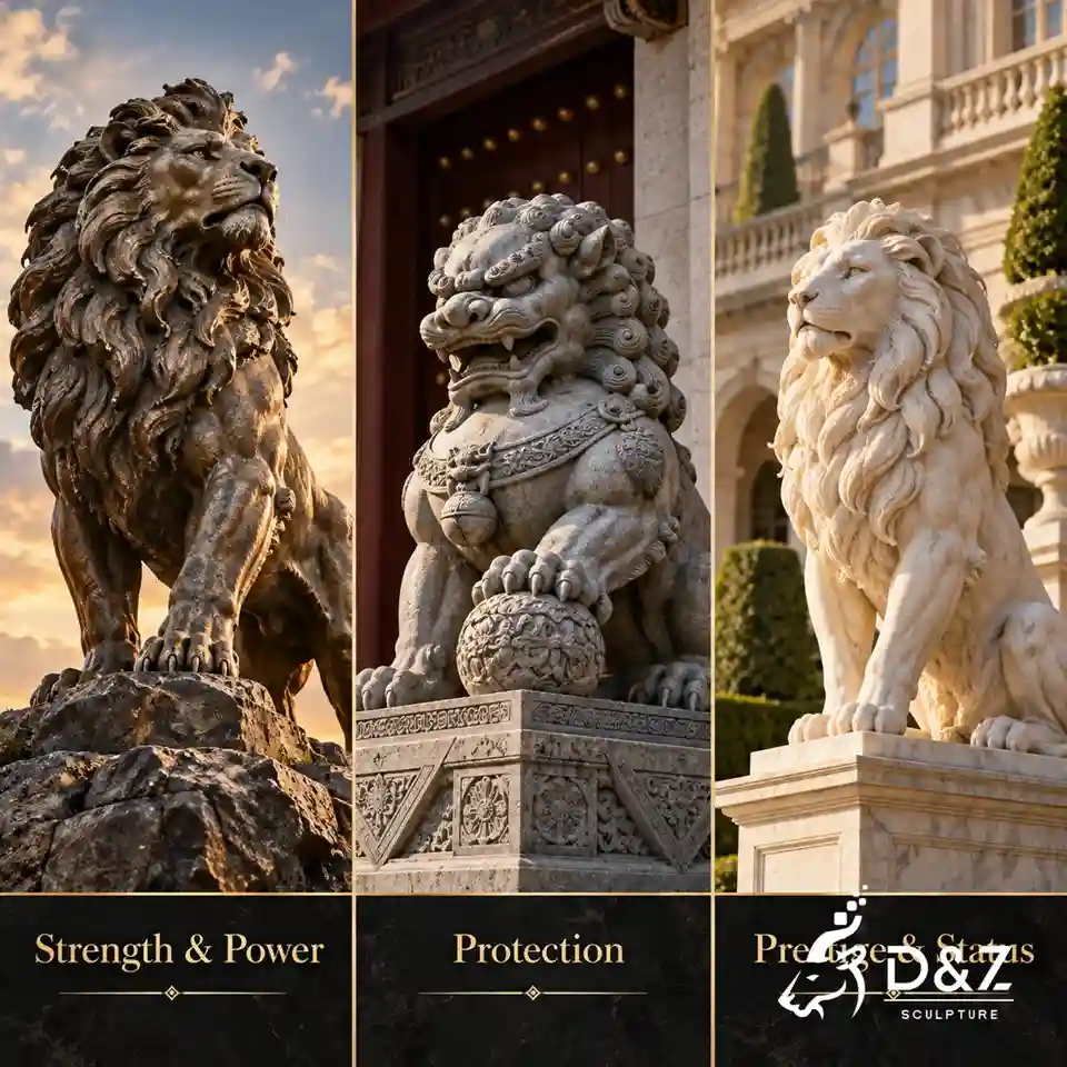 Three lion sculpture scenes representing strength and power, protection, and prestige