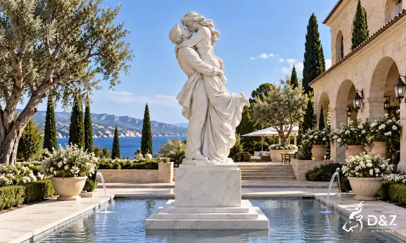 Romantic marble lovers sculpture in a garden