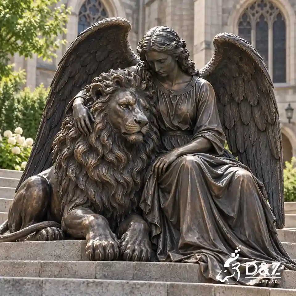 Seated angel with lion statue in dark bronze, showing a winged adult angel resting beside a noble lion on classical stone steps. Seated angel with lion statue in dark bronze, showing a winged adult angel resting beside a noble lion on classical stone steps.
