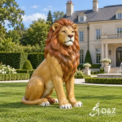 Seated bronze painted lion statue with a brown sculpted mane on the lawn of a European-style estate