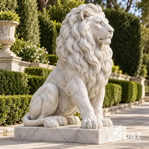 Alternative seated lion statue design with a raised head and flowing white marble mane in a landscaped courtyard