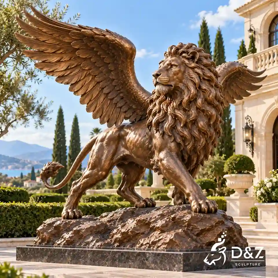 Bronze lion statue with wings standing in a forward-striding pose on a rock base in a landscaped luxury villa garden. Bronze lion statue with wings standing in a forward-striding pose on a rock base in a landscaped luxury villa garden.