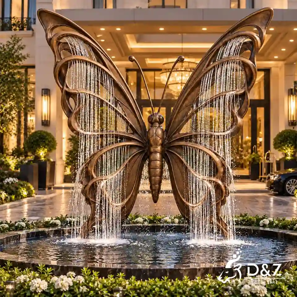 Butterfly fountain with lights placed at a hotel entrance, featuring illuminated bronze wings and reflective water. Butterfly fountain with lights placed at a hotel entrance, featuring illuminated bronze wings and reflective water.