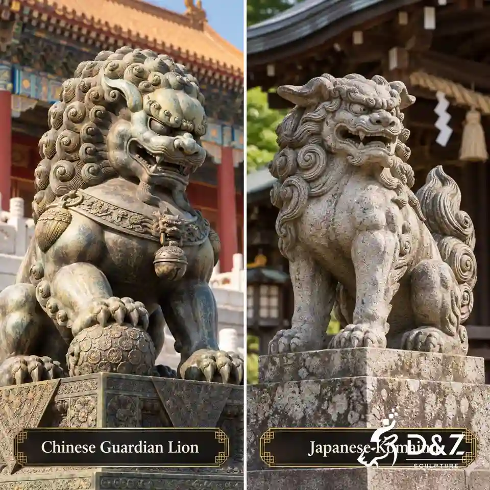 Chinese guardian lion statue beside a Japanese Komainu showing different traditional sculpture designs