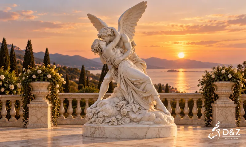 Cupid and Psyche marble kiss sculpture