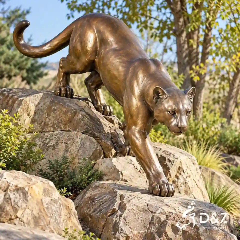 Mountain lion sculpture descending over a stepped rock formation in a landscaped outdoor park. Mountain lion sculpture descending over a stepped rock formation in a landscaped outdoor park.