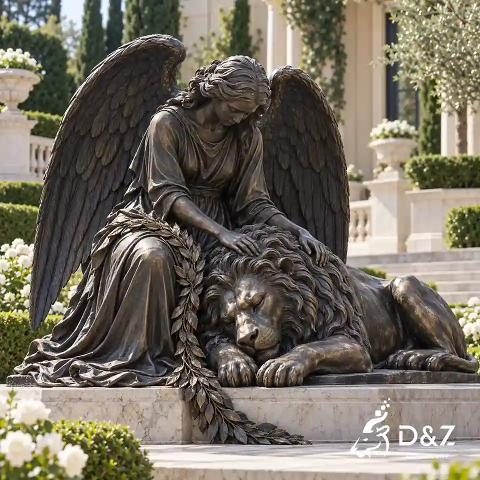Bronze angel sculpture showing a mourning winged figure leaning over a sleeping lion in a quiet memorial garden. Bronze angel sculpture showing a mourning winged figure leaning over a sleeping lion in a quiet memorial garden.