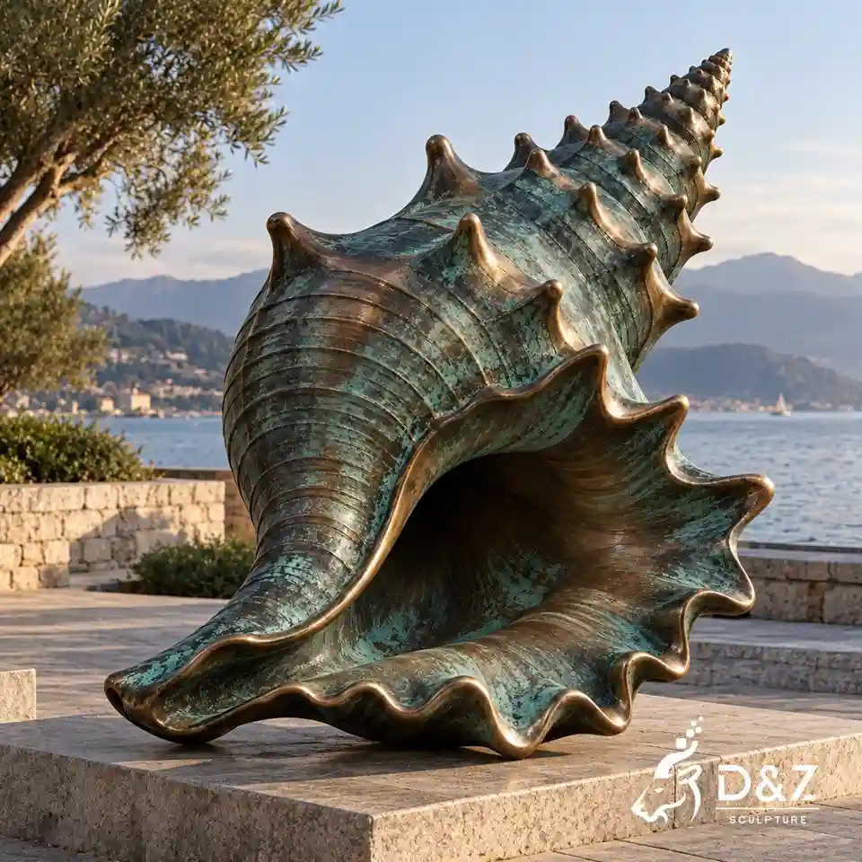 large bronze shell sculpture with a flared opening and raised shell ridges on a stone platform overlooking the sea large bronze shell sculpture with a flared opening and raised shell ridges on a stone platform overlooking the sea