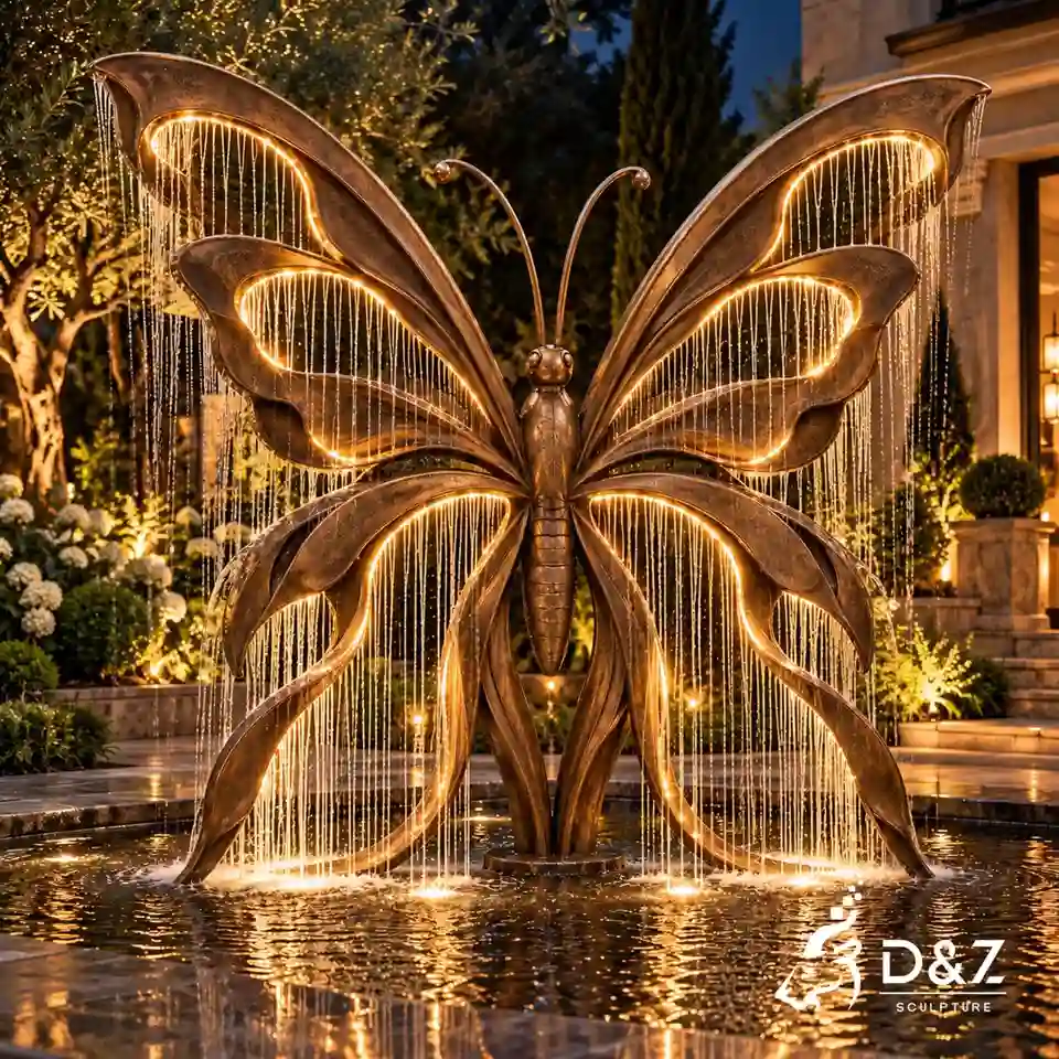 Butterfly fountain with lights in a night courtyard, showing warm golden illumination and elegant curtain water. Butterfly fountain with lights in a night courtyard, showing warm golden illumination and elegant curtain water.