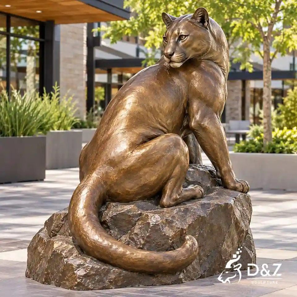 Cougar statue seated on a rough rock base and turning its head in a modern commercial plaza. Cougar statue seated on a rough rock base and turning its head in a modern commercial plaza.