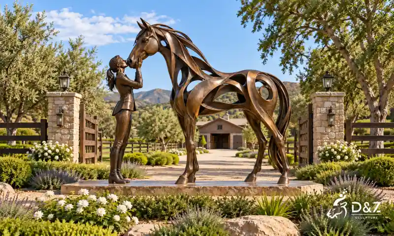 Creative bronze horse kissing sculpture with a woman