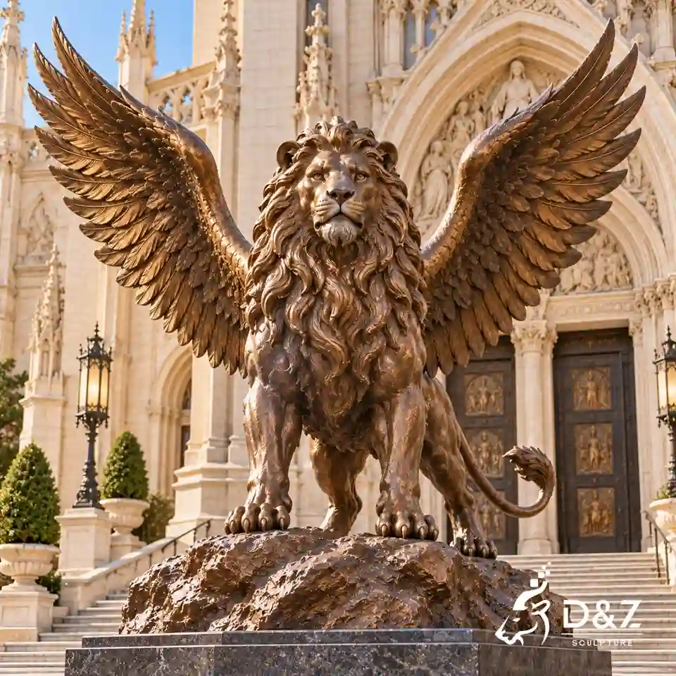 Front-facing bronze winged lion statue with raised symmetrical wings and all four paws grounded before an ornate cathedral entrance. Front-facing bronze winged lion statue with raised symmetrical wings and all four paws grounded before an ornate cathedral entrance.