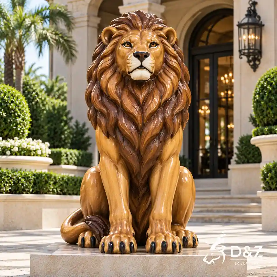 Front-facing painted lion statue with a symmetrical seated pose on a stone base at an elegant building entrance Front-facing painted lion statue with a symmetrical seated pose on a stone base at an elegant building entrance