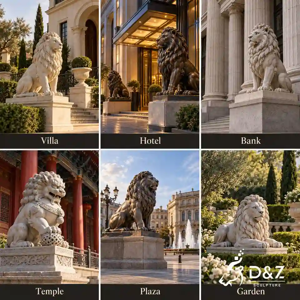 Lion statues displayed at a villa, hotel, bank, temple, public plaza, and garden