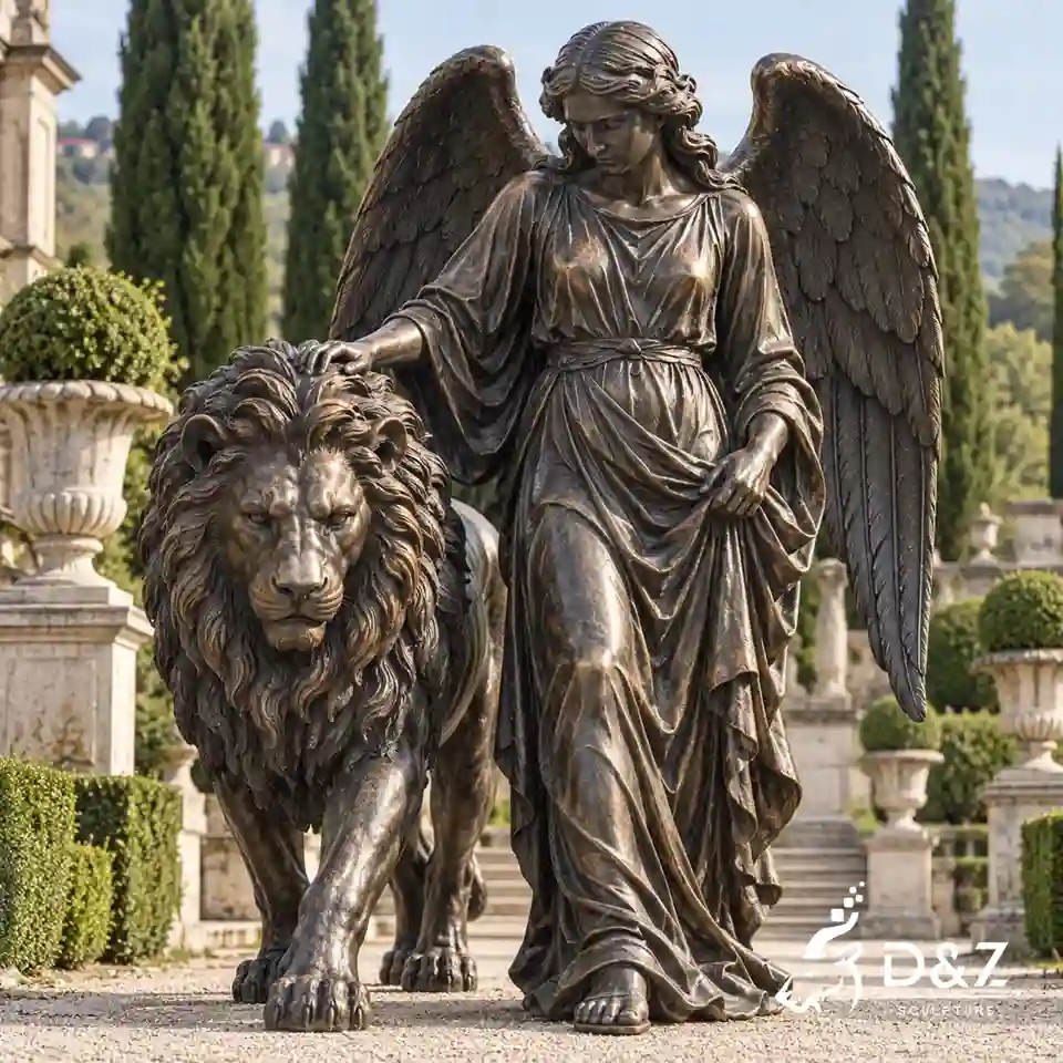 Guardian angel with lion sculpture in antique bronze, depicting a winged angel walking alongside a powerful lion through a classical garden. Guardian angel with lion sculpture in antique bronze, depicting a winged angel walking alongside a powerful lion through a classical garden.