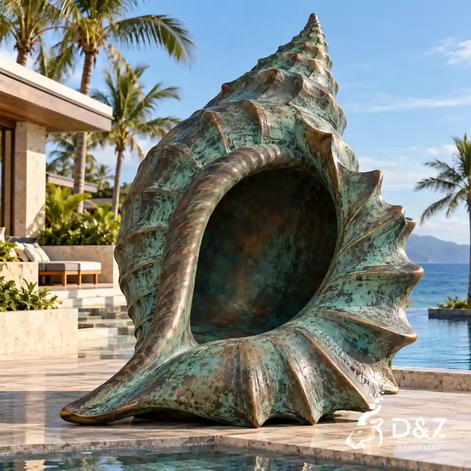 giant shell statue in verdigris bronze with a deep hollow opening and sculpted outer ridges giant shell statue in verdigris bronze with a deep hollow opening and sculpted outer ridges