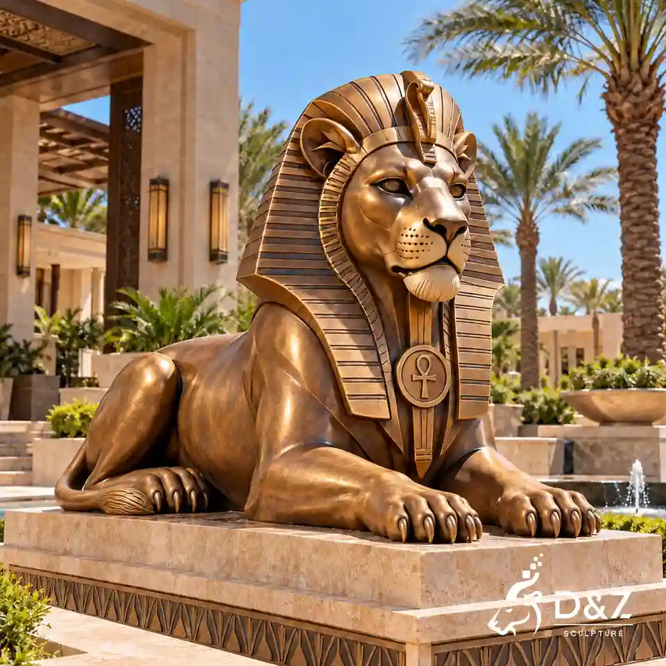 Bronze Egyptian lion sculpture reclining beside an outdoor courtyard fountain with palm trees and sandstone architecture Bronze Egyptian lion sculpture reclining beside an outdoor courtyard fountain with palm trees and sandstone architecture