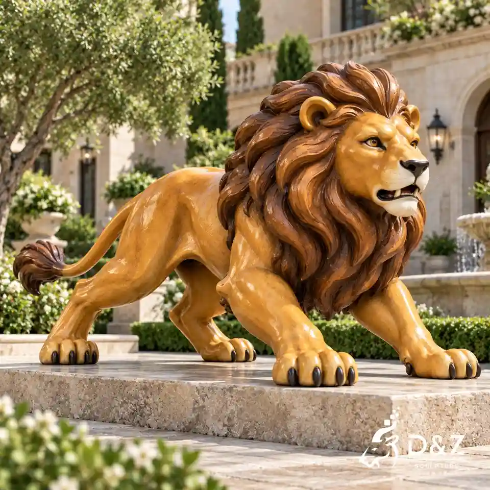 Crouching painted lion sculpture with extended front paws and a slightly open mouth on an outdoor landscape platform Crouching painted lion sculpture with extended front paws and a slightly open mouth on an outdoor landscape platform