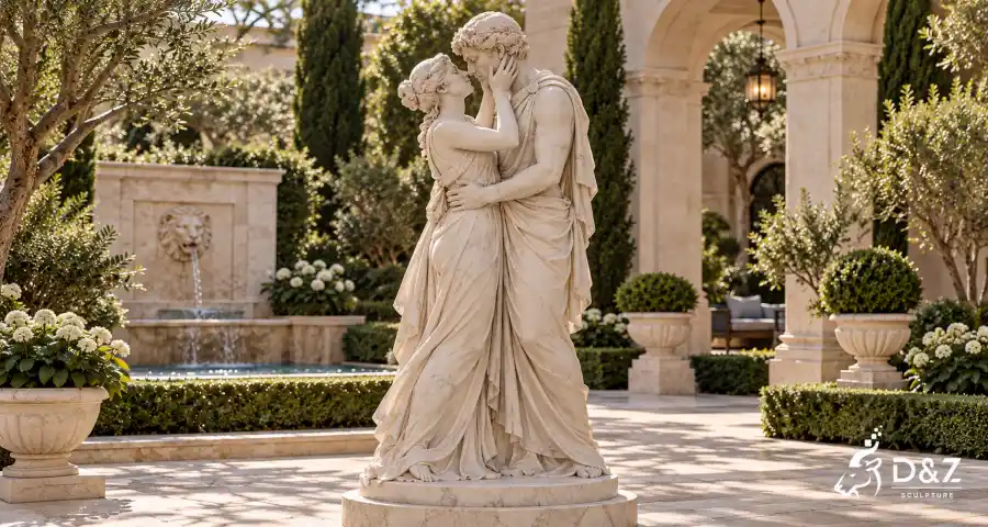 Freestanding marble kissing couple sculpture