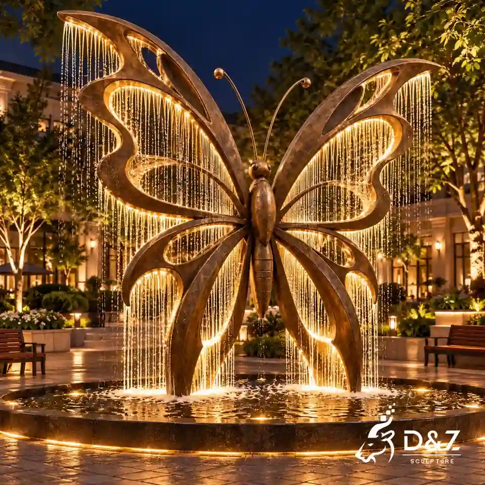 Modern fountain sculpture designed as a bronze butterfly water feature in a public plaza at night. Modern fountain sculpture designed as a bronze butterfly water feature in a public plaza at night.