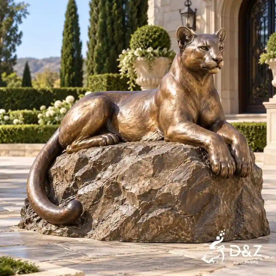 Reclining bronze mountain lion sculpture with its front paws resting over a rock in an elegant villa garden. Reclining bronze mountain lion sculpture with its front paws resting over a rock in an elegant villa garden.