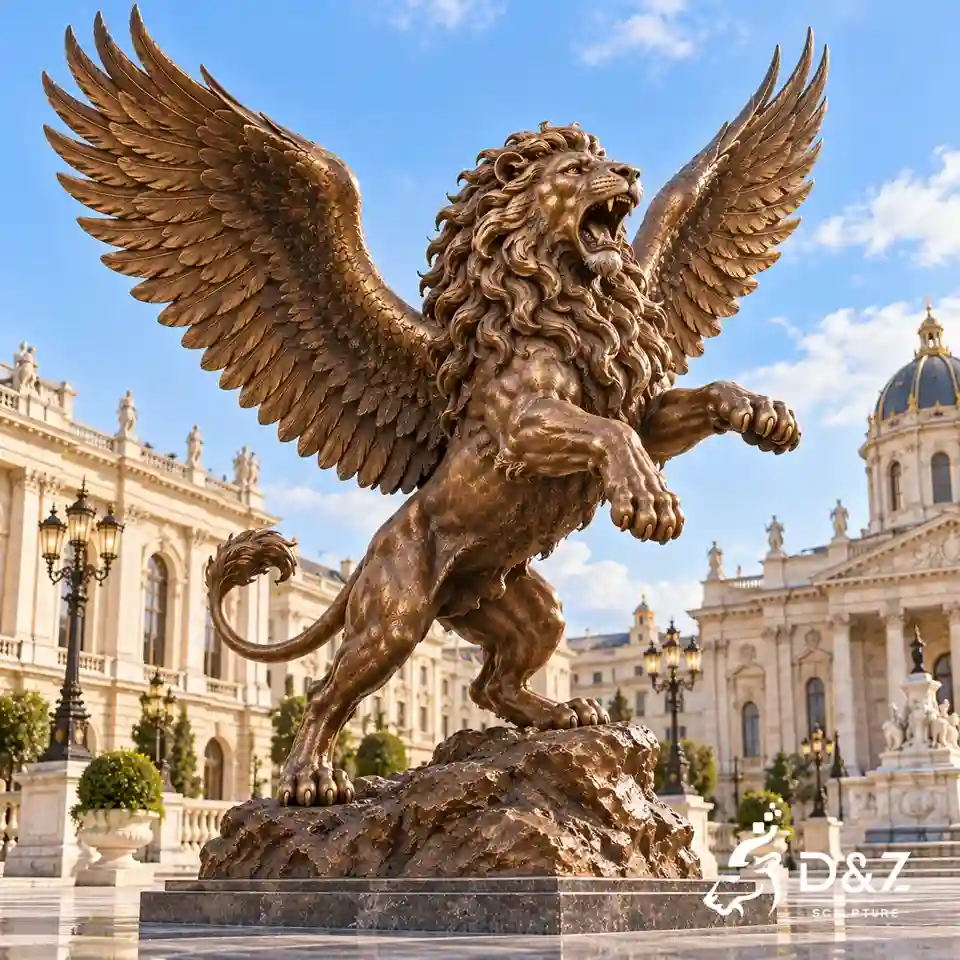 Roaring bronze flying lion statue rearing on a rocky plinth with both front paws lifted and feathered wings open in a European city square. Roaring bronze flying lion statue rearing on a rocky plinth with both front paws lifted and feathered wings open in a European city square.