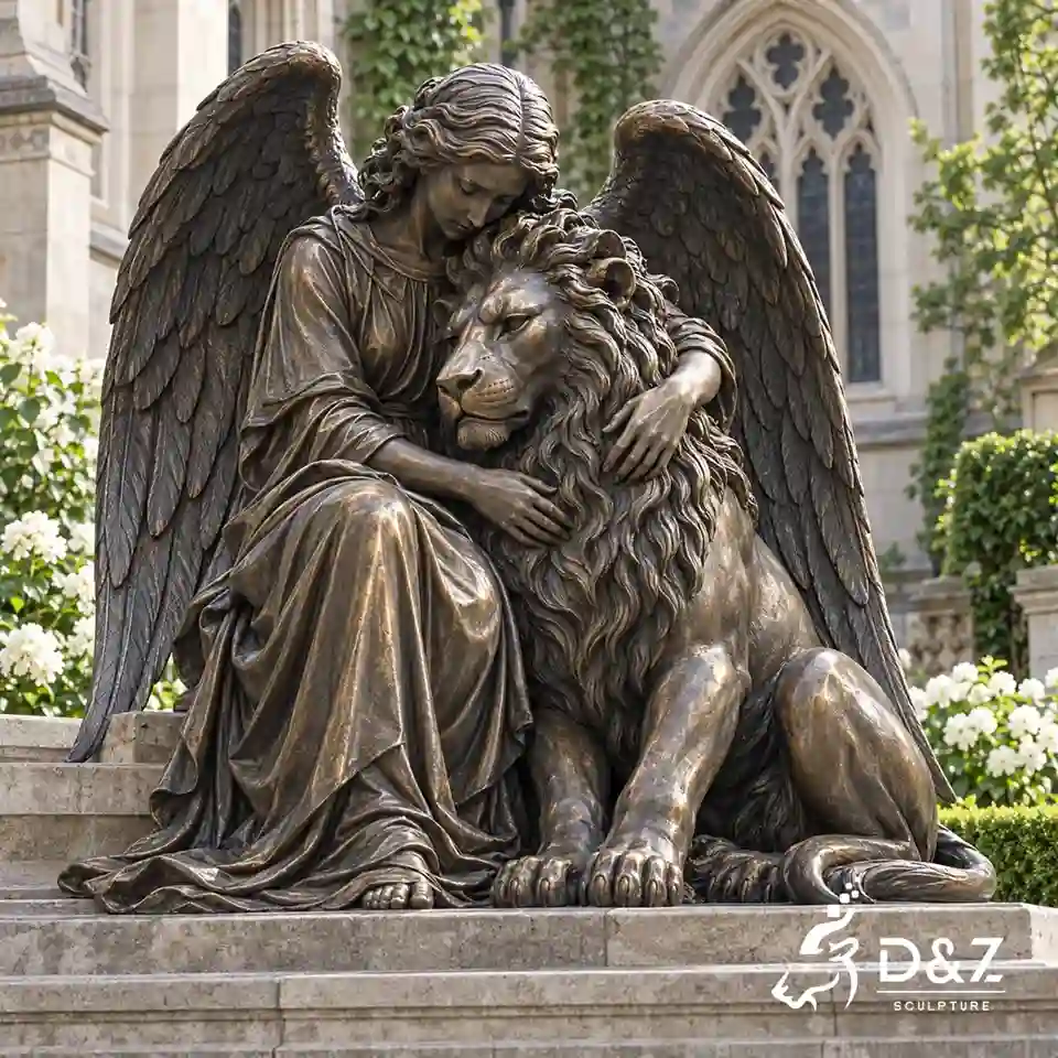 Bronze angel lion statue with a seated winged angel embracing a calm, majestic lion beside church architecture. Bronze angel lion statue with a seated winged angel embracing a calm, majestic lion beside church architecture.