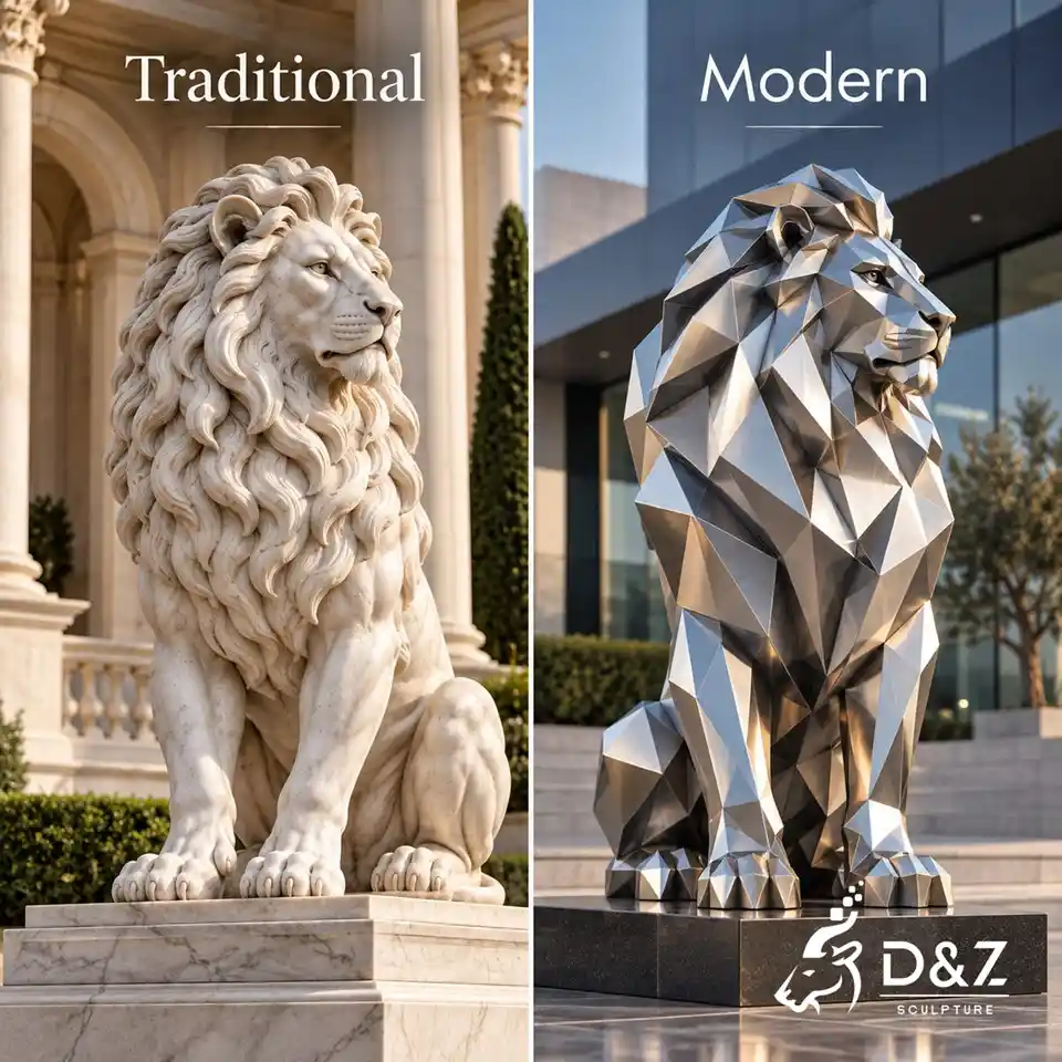 Traditional white marble lion sculpture compared with a modern geometric metal lion statue