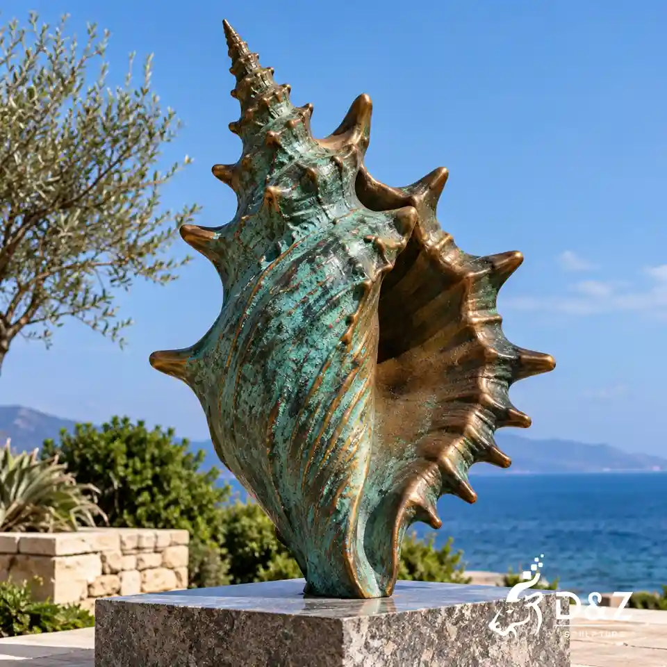 upright bronze sculpture inspired by a conch shell with a pointed spiral tip and textured green patina upright bronze sculpture inspired by a conch shell with a pointed spiral tip and textured green patina