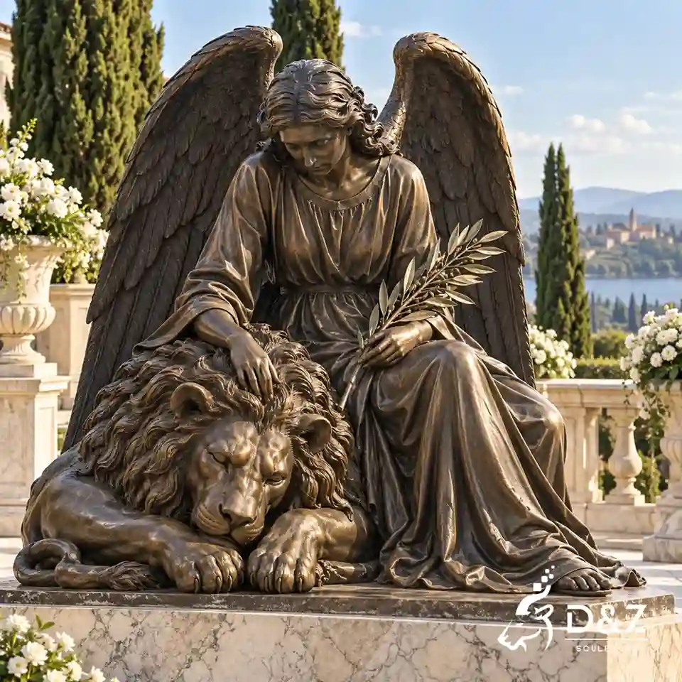 Bronze memorial angel statue seated beside a sleeping lion, gently resting a hand on its mane while holding an olive branch. Bronze memorial angel statue seated beside a sleeping lion, gently resting a hand on its mane while holding an olive branch.
