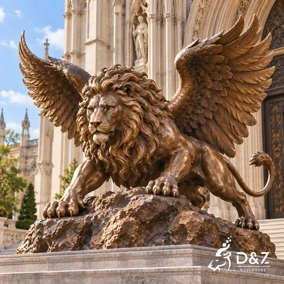 Crouching bronze lion with wings leaning forward on a sculpted rock base in front of a Gothic church facade. Crouching bronze lion with wings leaning forward on a sculpted rock base in front of a Gothic church facade.