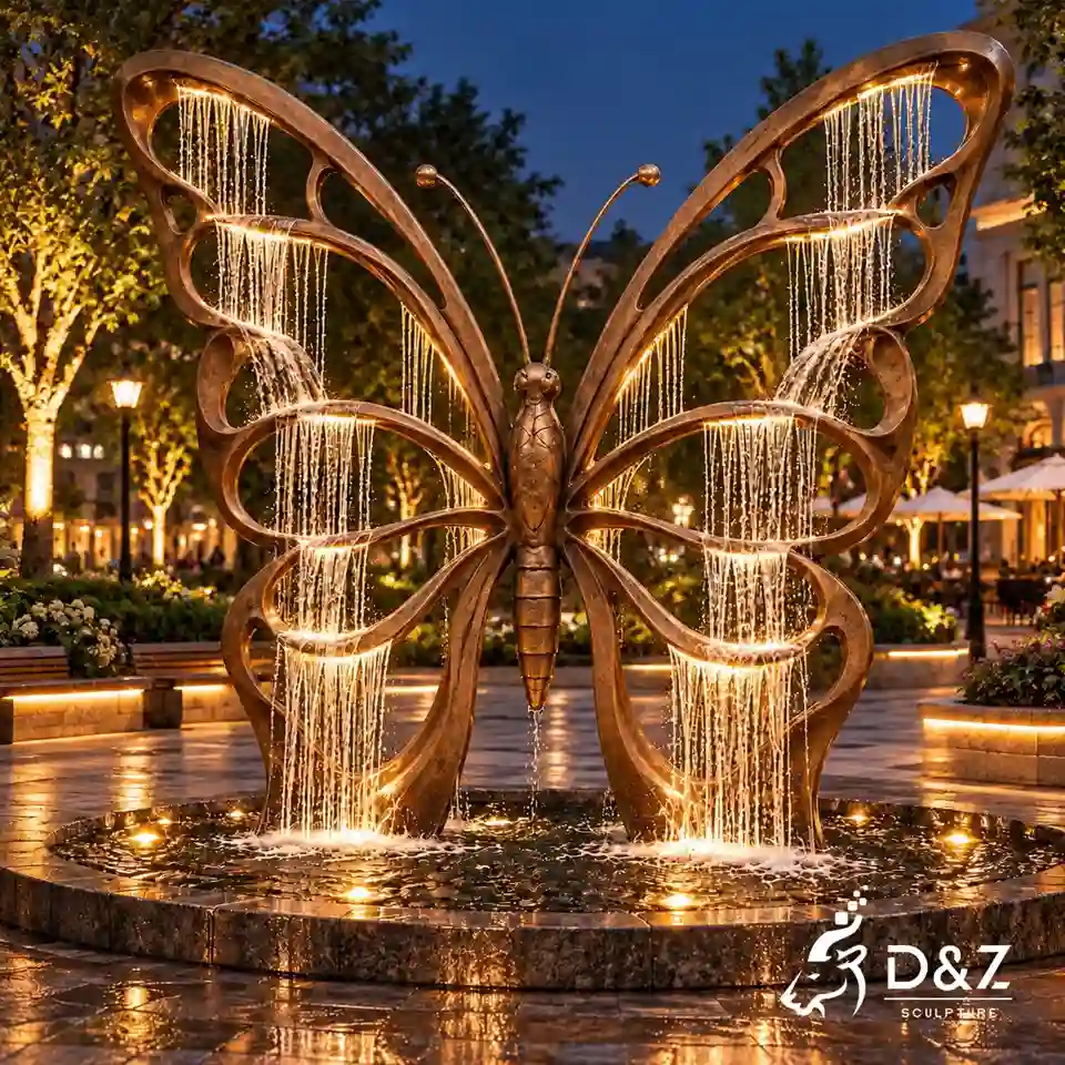 Curtain water fountain butterfly sculpture in a leisure plaza with glowing bronze wings and cascading water. Curtain water fountain butterfly sculpture in a leisure plaza with glowing bronze wings and cascading water.