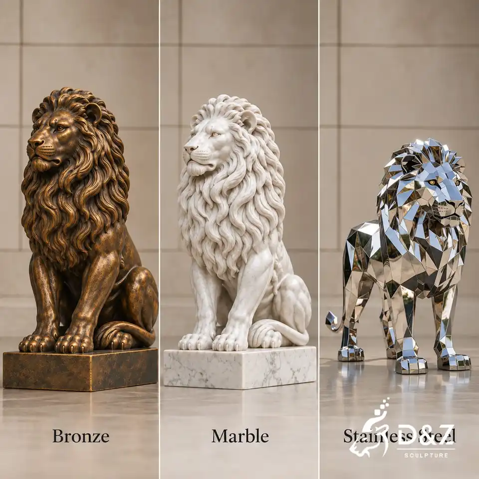 Bronze seated lion, white marble seated lion, and geometric stainless steel standing lion shown side by side