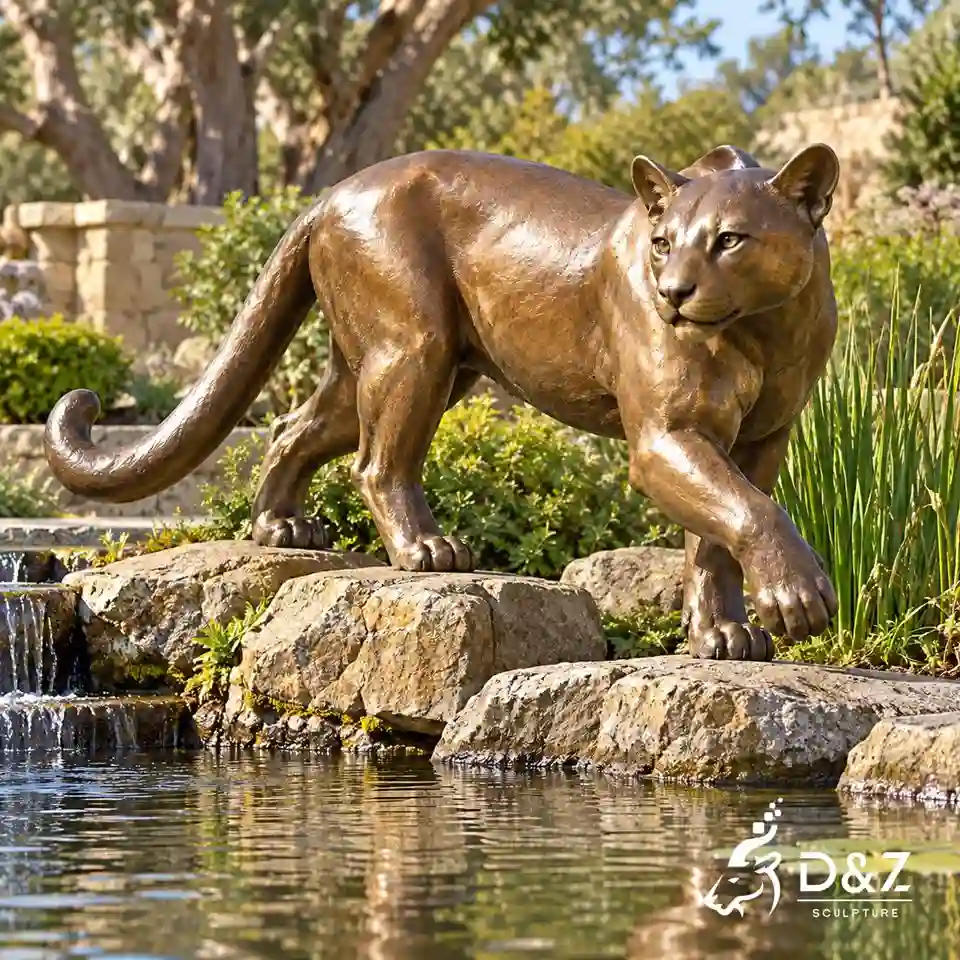 Mountain lion garden statue walking along rocks beside a pond and small waterfall in a planted courtyard. Mountain lion garden statue walking along rocks beside a pond and small waterfall in a planted courtyard.
