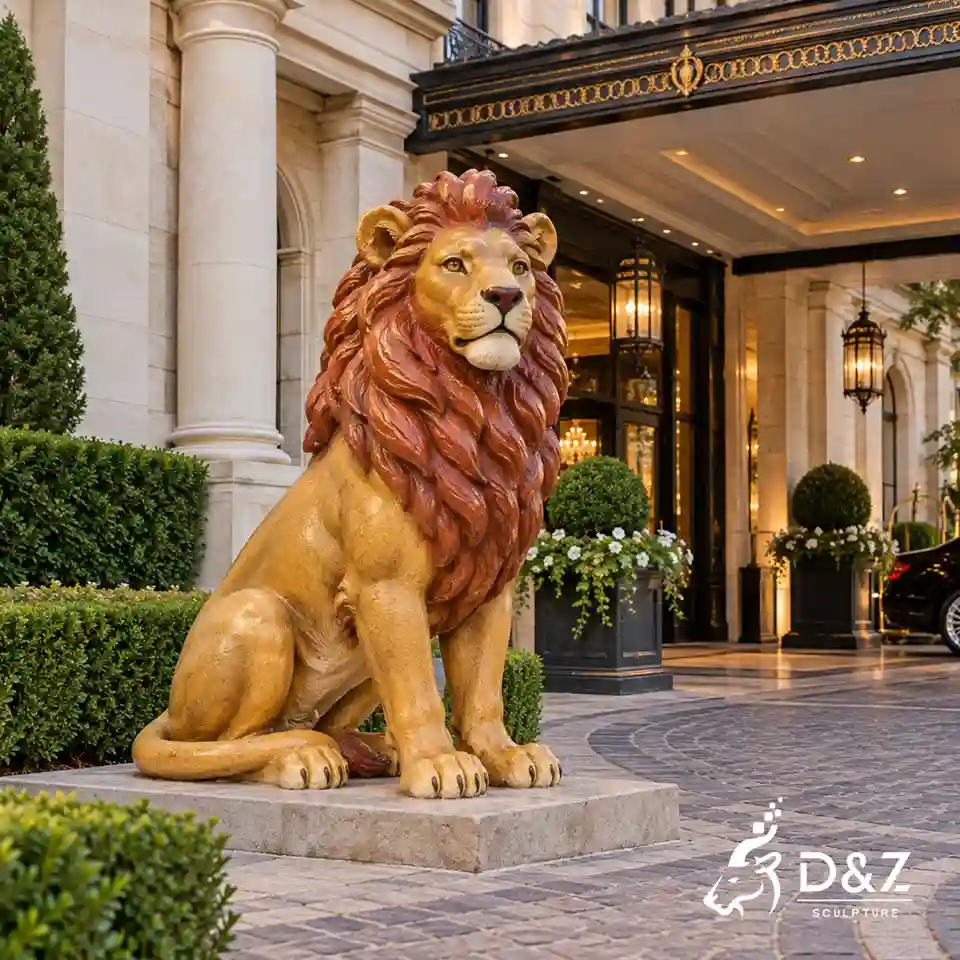 Large seated painted lion statue with a reddish-brown mane outside a luxury hotel entrance Large seated painted lion statue with a reddish-brown mane outside a luxury hotel entrance