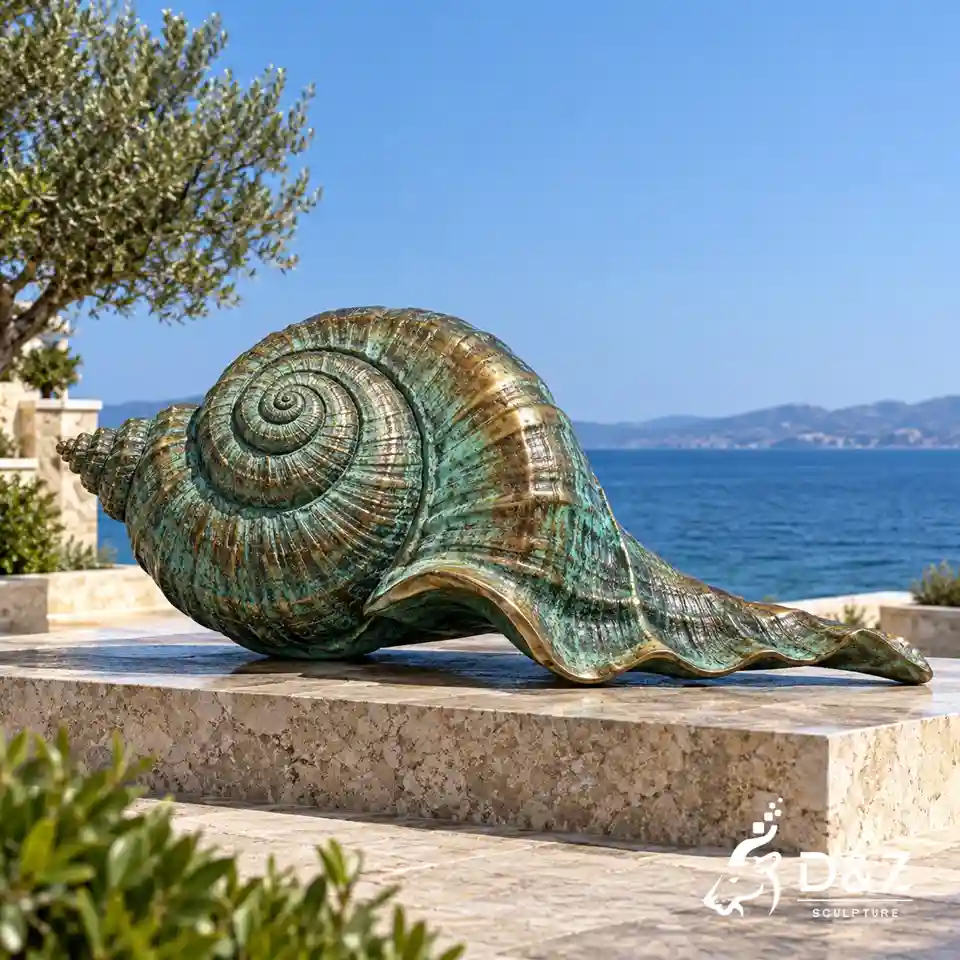 shell statue featuring a rounded spiral structure, detailed concentric ridges, and a flowing outer edge shell statue featuring a rounded spiral structure, detailed concentric ridges, and a flowing outer edge