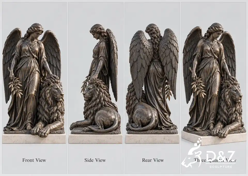 Front, side, rear and three-quarter views of the bronze angel and lion sculpture showing the wings, olive branch, reclining lion and stone base. Front, side, rear and three-quarter views of the bronze angel and lion sculpture showing the wings, olive branch, reclining lion and stone base.