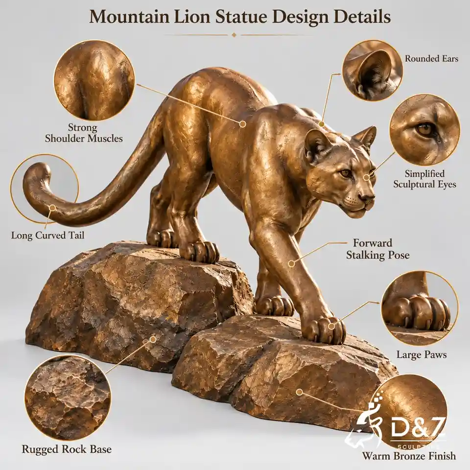 Bronze cougar sculpture design infographic highlighting muscular shoulders, curved tail, paws, ears, and textured rock base. Bronze cougar sculpture design infographic highlighting muscular shoulders, curved tail, paws, ears, and textured rock base.