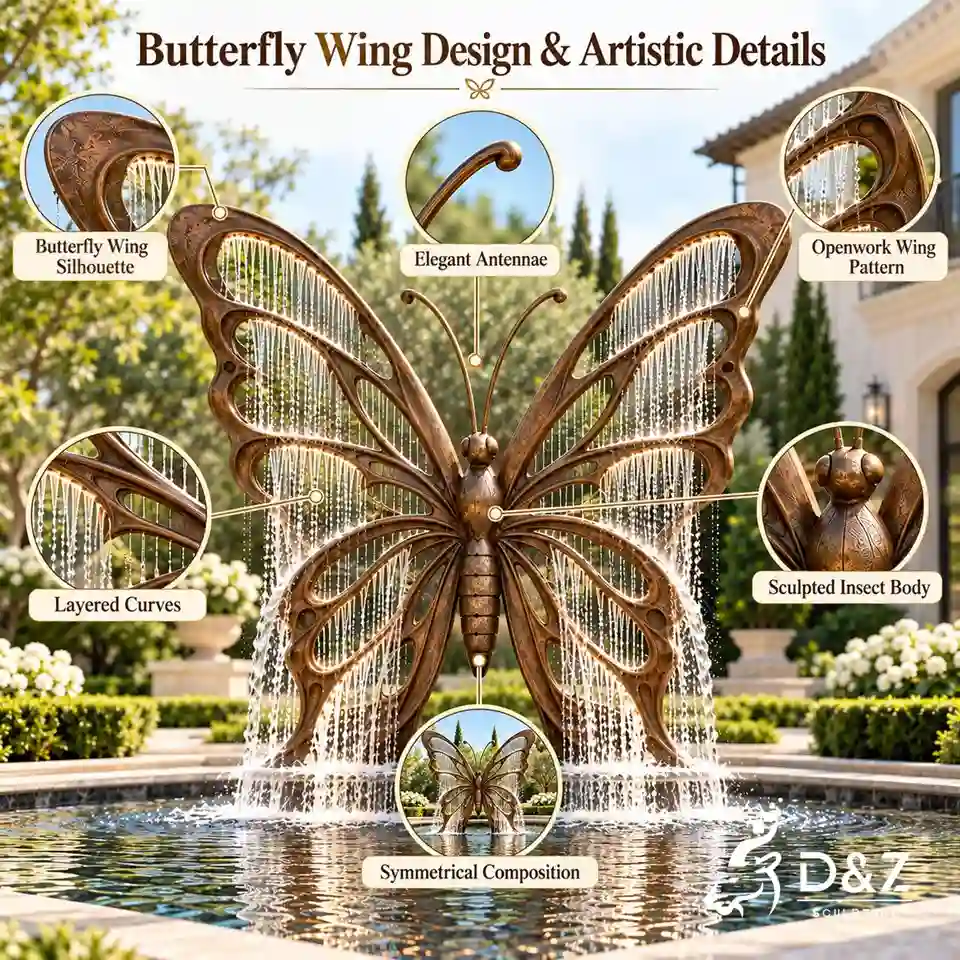 Butterfly fountain wing design and artistic details infographic showing antennae, curves, and sculpted body. Butterfly fountain wing design and artistic details infographic showing antennae, curves, and sculpted body.