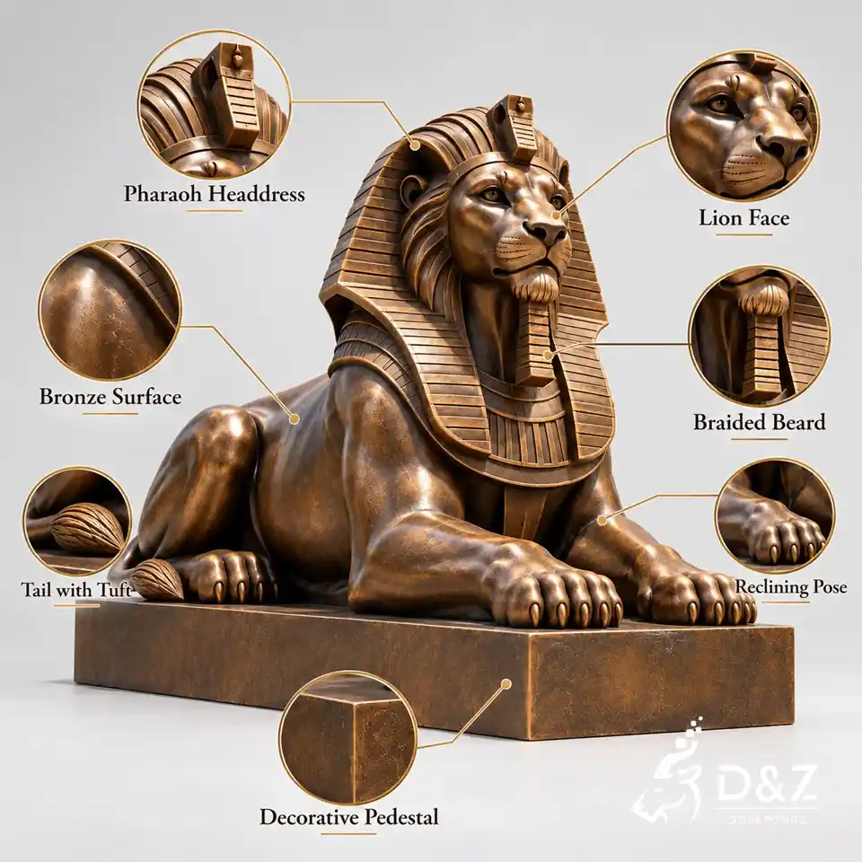 Close-up details of an Egyptian lion statue showing pharaoh headdress lion face bronze texture braided beard tail tuft and pedestal Close-up details of an Egyptian lion statue showing pharaoh headdress lion face bronze texture braided beard tail tuft and pedestal