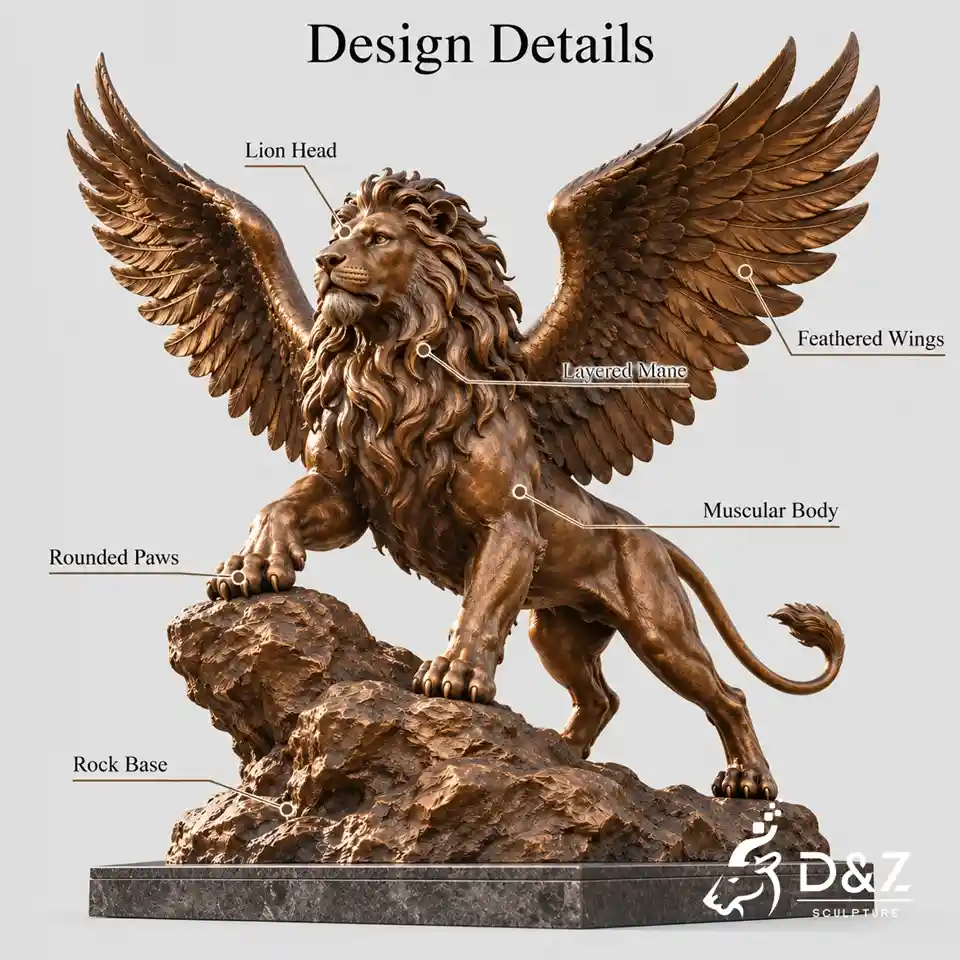 Flying lion statue design details infographic labeling the lion head, layered mane, feathered wings, muscular body, rounded paws, and rock base. Flying lion statue design details infographic labeling the lion head, layered mane, feathered wings, muscular body, rounded paws, and rock base.
