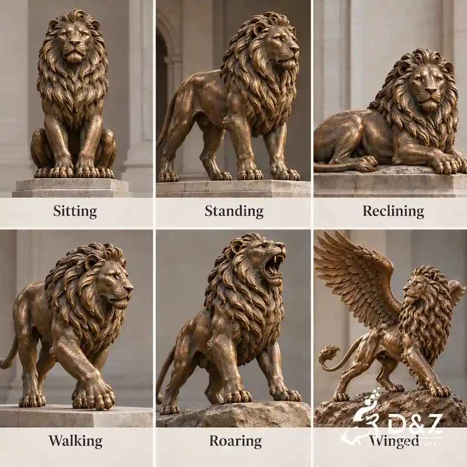 Six bronze lion statues showing sitting, standing, reclining, walking, roaring, and winged poses