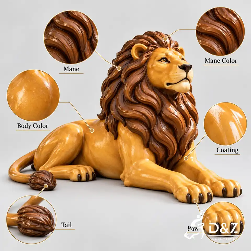 Painted lion statue detail diagram showing the sculpted mane, body color, mane color, protective coating, paws, and tail Painted lion statue detail diagram showing the sculpted mane, body color, mane color, protective coating, paws, and tail