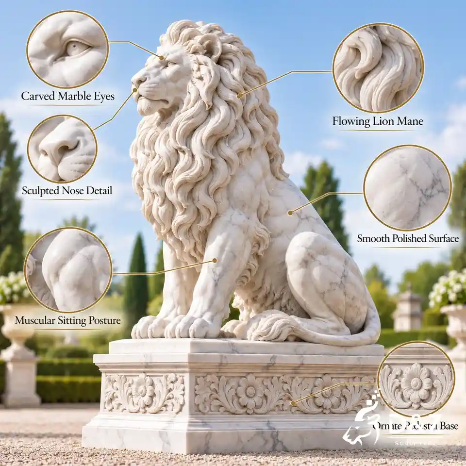 Sitting lion statue with labeled marble eyes sculpted nose flowing mane and ornamental pedestal details