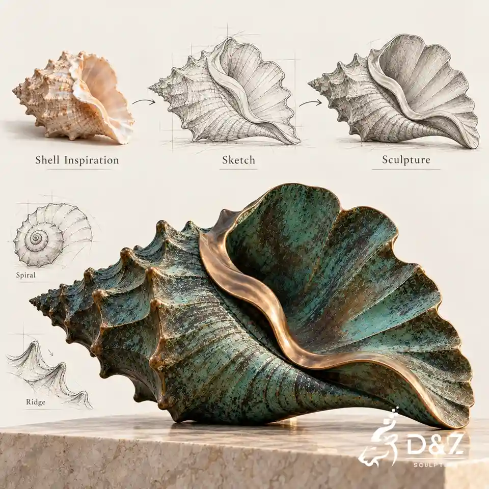 conch sculpture design concept showing a natural seashell reference, hand-drawn sketch, and finished sculpture conch sculpture design concept showing a natural seashell reference, hand-drawn sketch, and finished sculpture